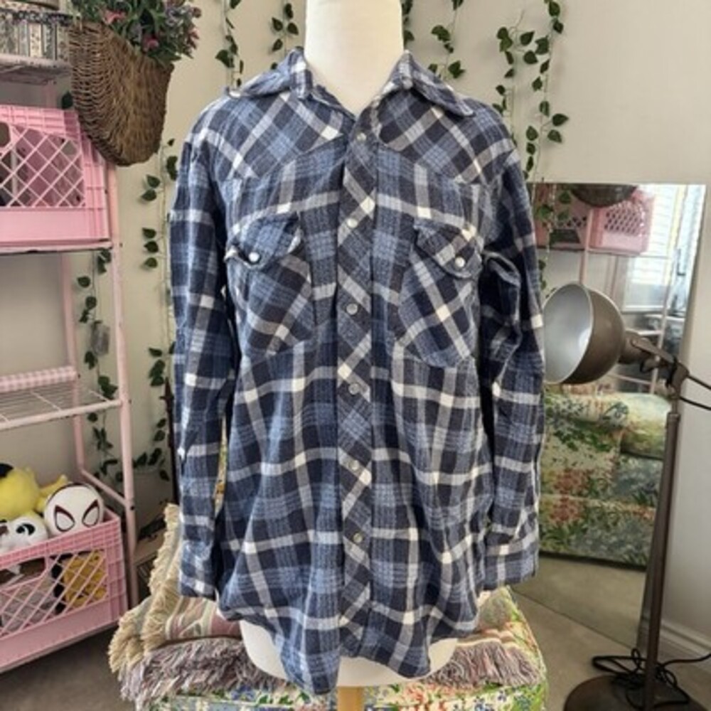 Vintage 90s Big Country Plaid Flannel Snap Shirt Blue Cotton Grunge Western M